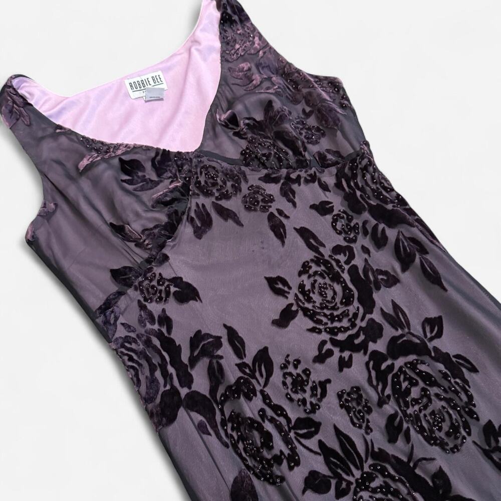 VTG Y2K Robbie Bee Black & Pink/Purple Floral Velvet Burnout Beaded Silk Dress - Picture 7 of 8